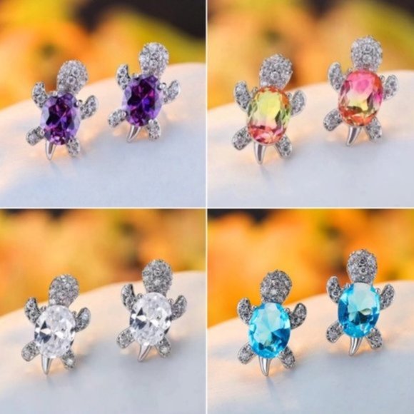 “Just Keep Swimming” Blue Turtle Diamond Earrings - Picture 4 of 8